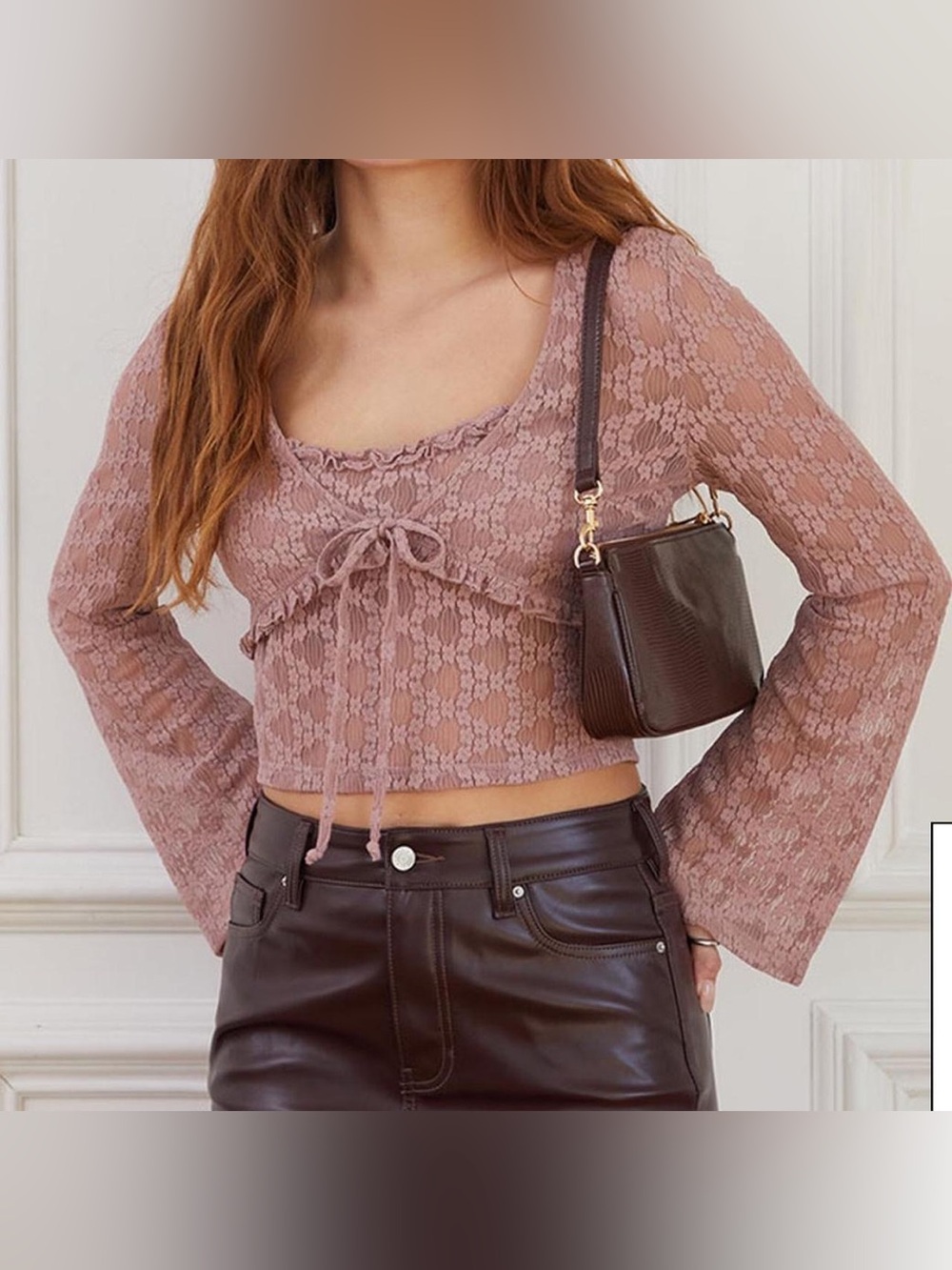 La Hearts Dusty Rose Lace Tie-Front Crop Top